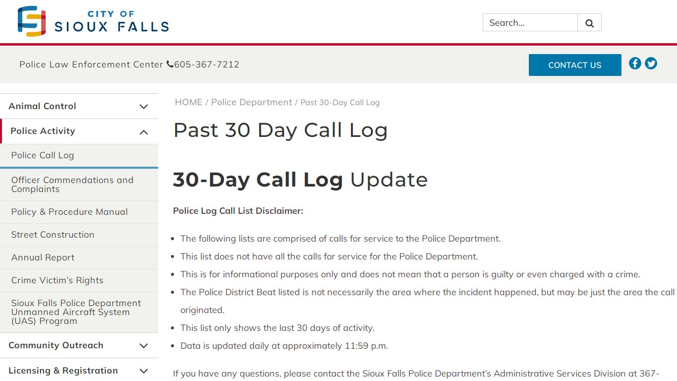 Past 30 Day Call Log - City of Sioux Falls